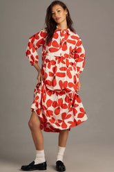 Off White Poly Rayon Puff Sleeves Collar Printed Casual Dress